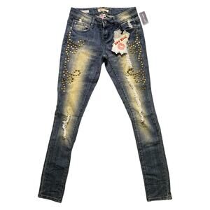 NWT Y2K Hot Kiss Wet Seal studded distressed skinny lily jeans, size 3.